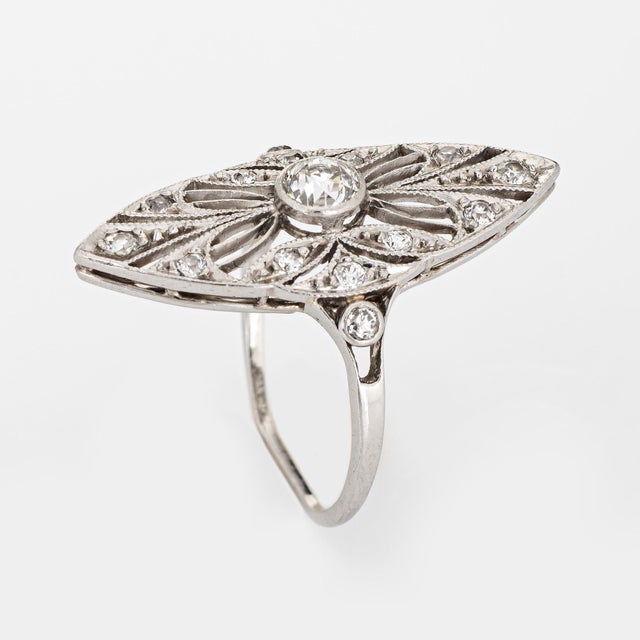 Traditional Antique Edwardian Diamond Ring Sz 5 Platinum Navette Cocktail Fine Heirloom For Sale - Image 3 of 6