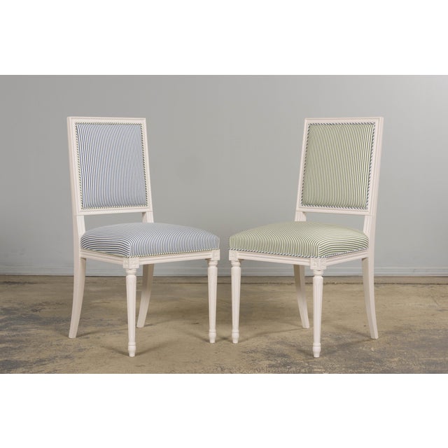 French French Louis XVI Style Painted Dining Chairs in Blue & Green Stripe, Set of 6 For Sale - Image 3 of 18