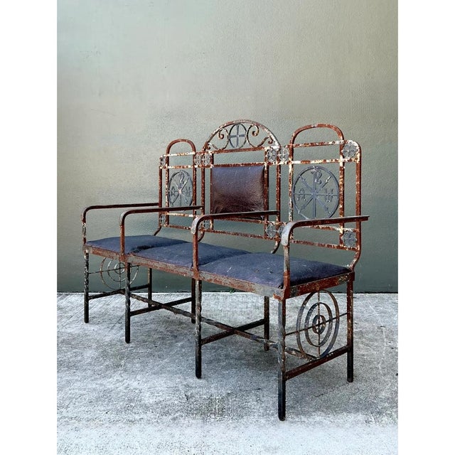 Mid-Century Modern Vintage Distressed Metal and Upholstery Bench For Sale - Image 3 of 12