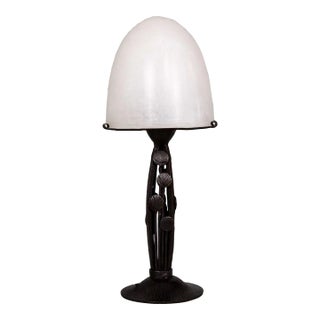 1920s Art Deco Iron Table Lamp with Alabaster Shade by Marcel Vasseur For Sale