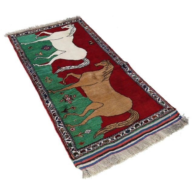 Traditional Fine Hand Knotted Horse Design Persian Shiraz Rug For Sale - Image 3 of 4