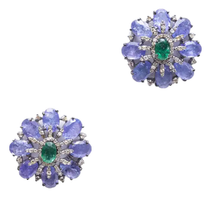1990s Pair of Tanzanite, Emerald and Diamond Stud Earrings