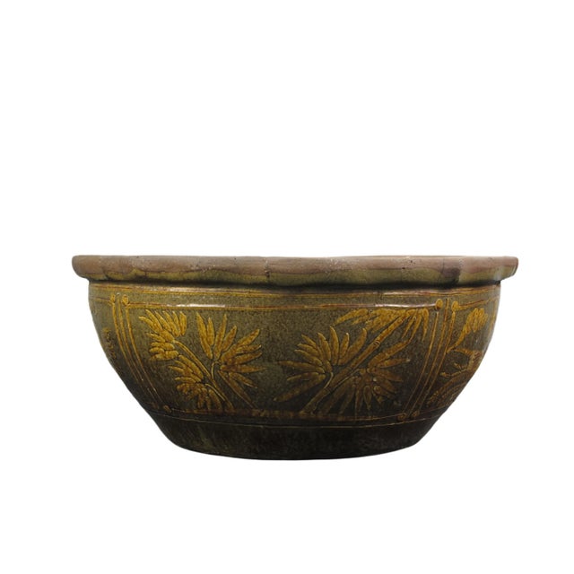 1990s Large Vintage Glazed Earthenware Planter With Hand Painted Mystic Birds and Plants For Sale - Image 5 of 8