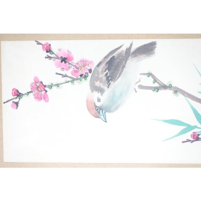 Asian Bird Flora Original Watercolor Painting on Paper Signed For Sale - Image 4 of 5