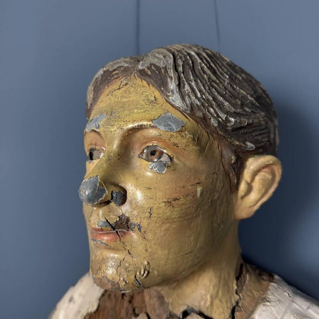 Weathered Wooden Statue of a Young Man For Sale - Image 10 of 18