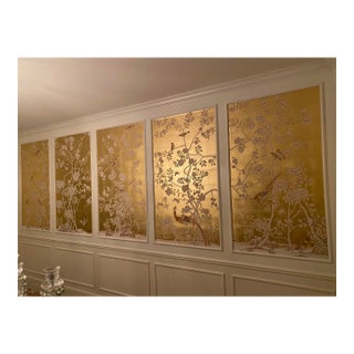 Gold Leaf Hand-Painted Chinoiserie Floral & Bird Mural Panel Set For Sale