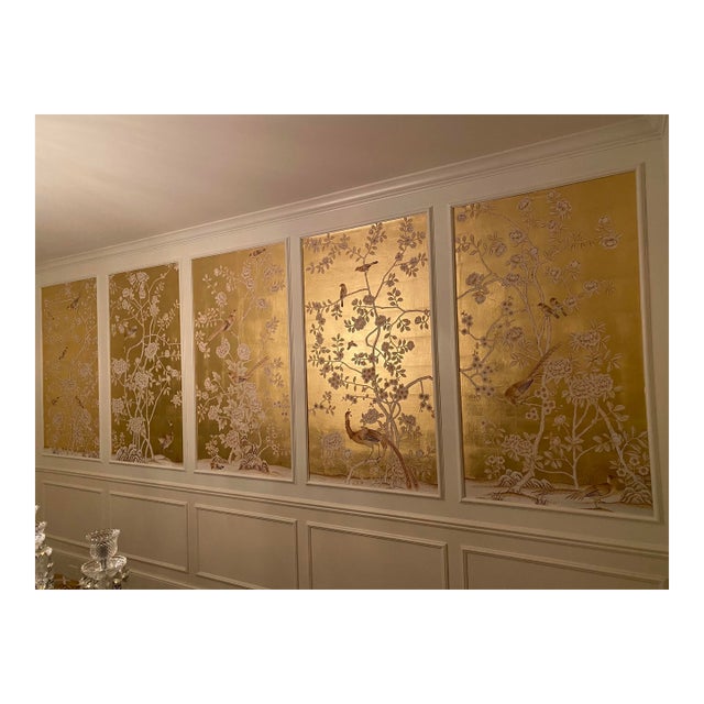 Gold Leaf Hand-Painted Chinoiserie Floral & Bird Mural Panel Set For Sale