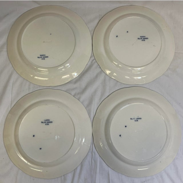 Antique Set of 4 Sampson Hancock Aesthetic Movement Blue Poppy Floral Pattern Luncheon Plates From England - Circa 1885 For Sale - Image 9 of 10