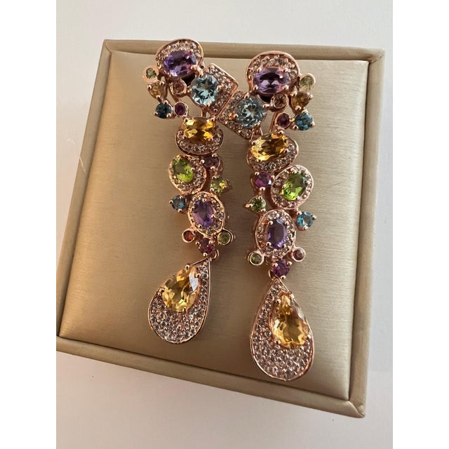 Bochic Vintage Cascading "Capri" Multi Natural Gem Earrings 18K Gold & Silver For Sale - Image 13 of 18