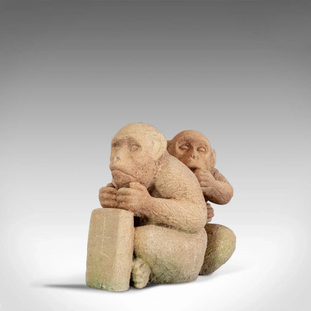 This is a sculpture of a trio of sitting macaques. An English, oolitic Bath stone piece by renowned Devon-based sculptural...