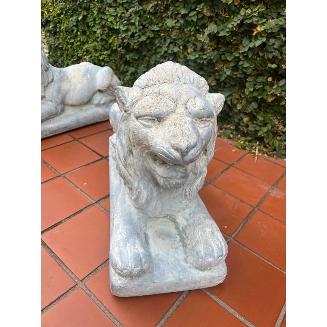 Pair of old heavy cement lions. Faded blue finish.
