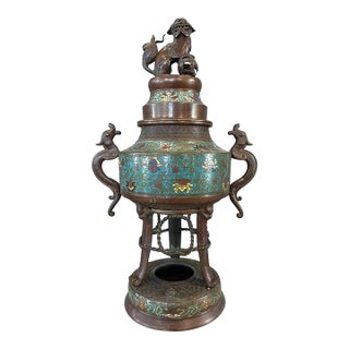 Japanese Taishō Period Bronze Champlevé Censer With Komainu Figure Lid, C. 1915 For Sale