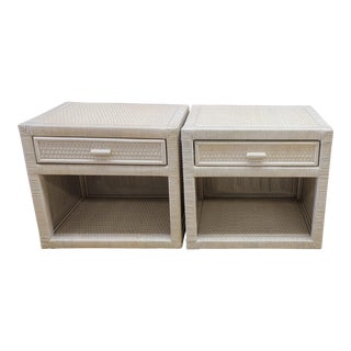 1980s Pair Woven Rattan Nightstands For Sale