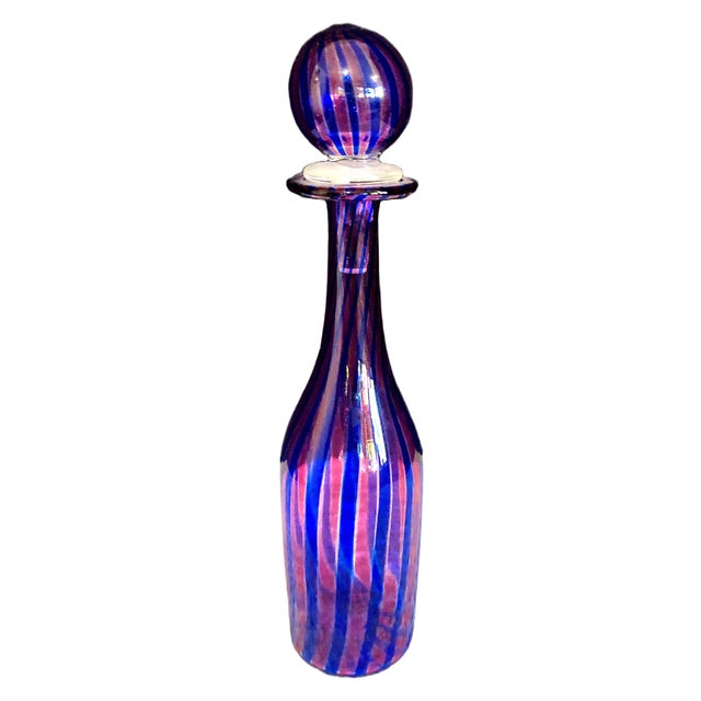 On offer is a vintage Mid-Century Modern, hand-blown art glass, barware decanter with a matching spherical stopper. This...