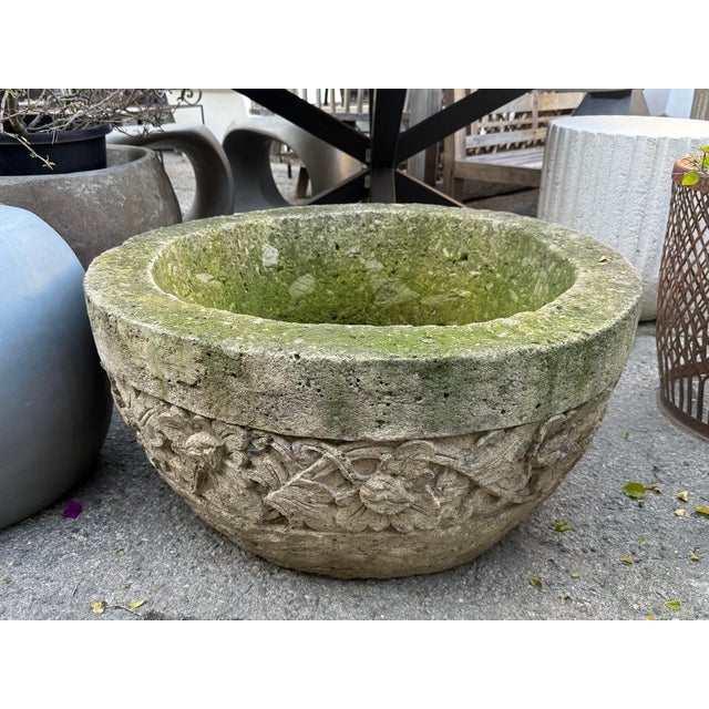 Vintage hand carved mixed cement and stone garden pot or planter. A unique garden element with beautiful floral designs....
