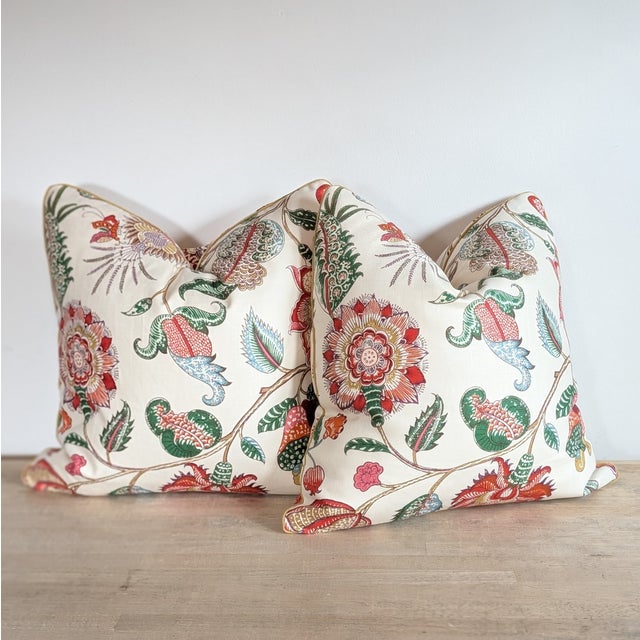 Brunschwig & Fils Aravali in rust & olive - fun colorful floral in earth tones, with gold braided cord. Print is 100%...