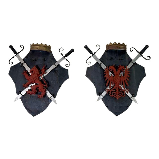Pair of Vintage Iron Heraldic Wall Plaques For Sale