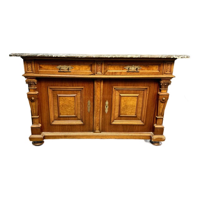 French Antique Marble Top Walnut Sideboard For Sale