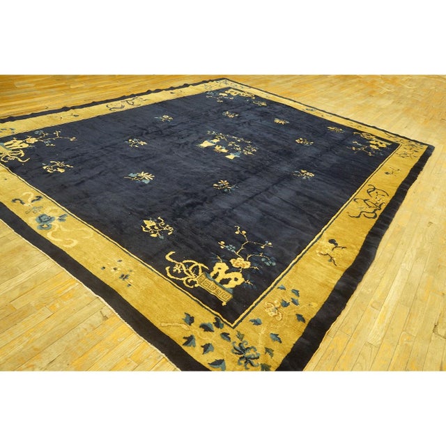 Antique Chinese Wool Blue Rug Art Deco Design Room Size 1920s 9' 1" X 11' 5" For Sale - Image 4 of 10