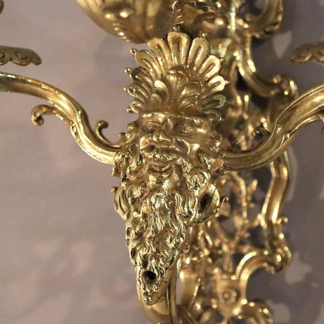 Metal Antique Figural Gilt Bronze Three-Candle Wall Sconce With Mask C1920 For Sale - Image 7 of 9