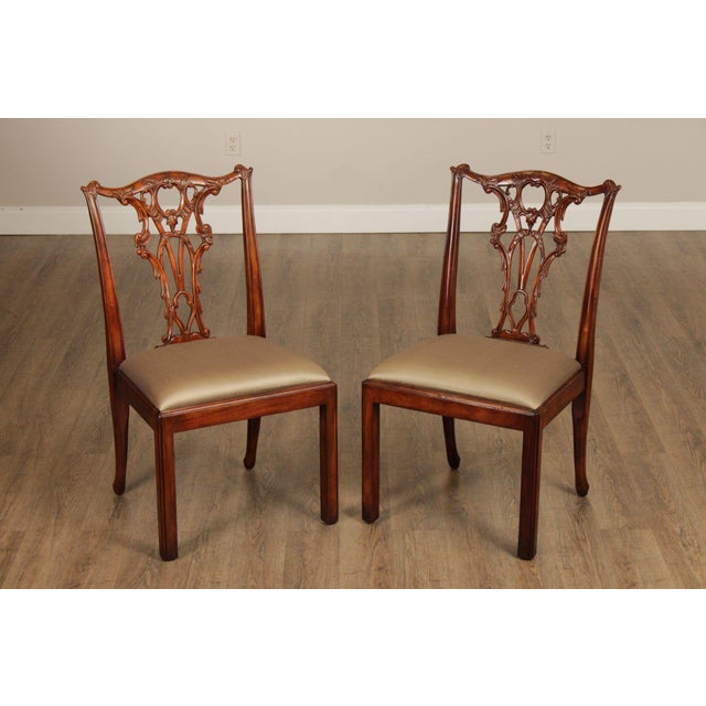 High Quality Pair Of Carved Solid Mahogany Side Dining Chairs By Theodore Alexander