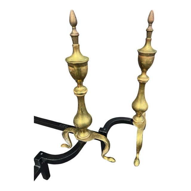 Pair 1920s Antique Brass Fireplace Andirons Queen Anne Style Firedogs For Sale - Image 9 of 16