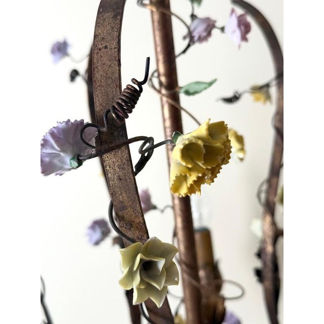 Metal Italian Gilt Iron Five-Light Chandelier with Porcelain Flowers, 1930 For Sale - Image 7 of 18