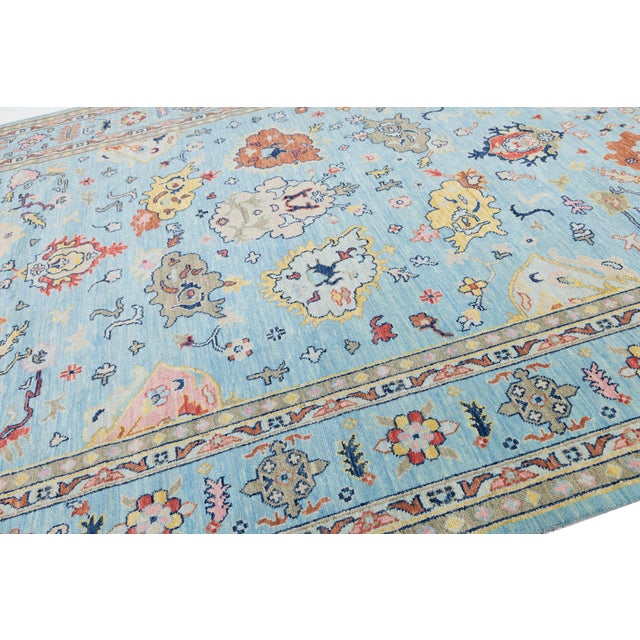 10x14 Modern Oushak Style Hand-Knotted Wool Area Rug in Sky Blue With Terracotta For Sale - Image 4 of 12