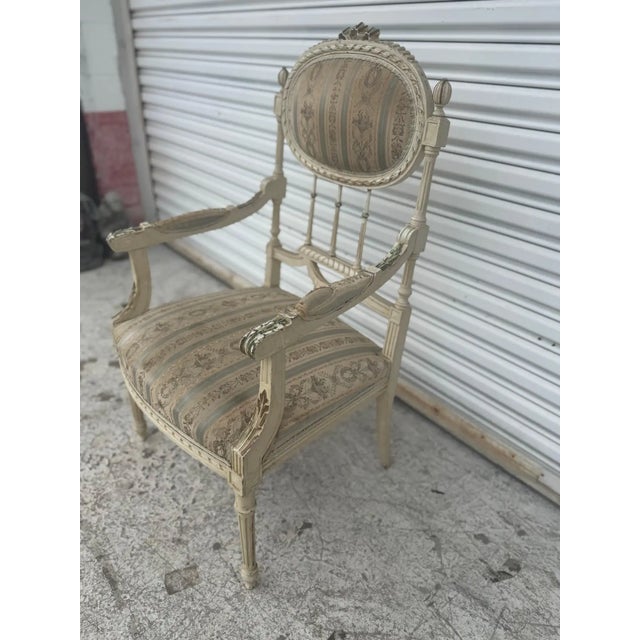French Louis XVI Hand Painted Bergere Chair Antique Accent Seating For Sale - Image 9 of 9