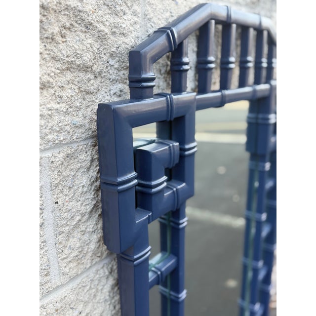 Hollywood Regency Vintage Greek Key Faux Bamboo Mirror - Newly Lacquered in Hale Navy For Sale - Image 3 of 6