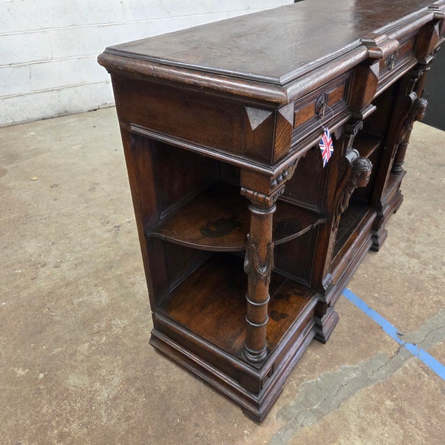 Oak Antique Jacobean Style Walnut Buffet With Ornate Carved Legs, Drawers, & Open Shelving For Sale - Image 17 of 18
