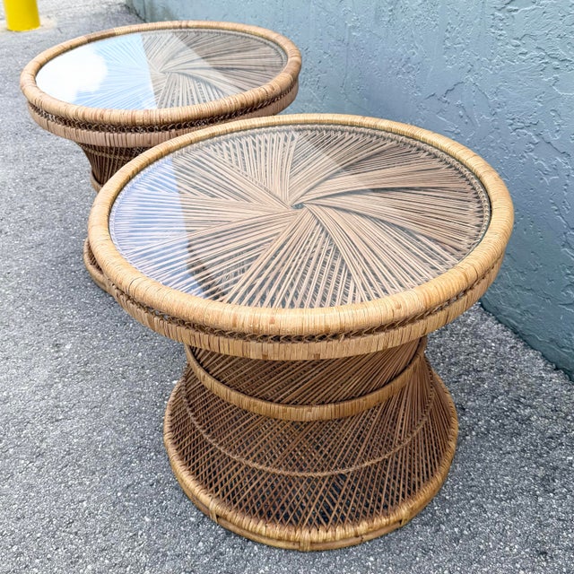 Wood Boho Chic Buri Rattan Circular Inlaid Glass Top Side Tables - A Pair For Sale - Image 7 of 8