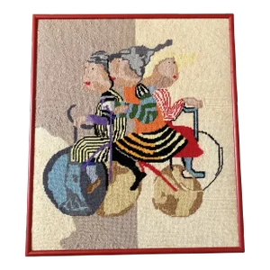 1970’s Hand Done Graciela Rodo Boulanger Needlepoint Picture Bicyclers Framed
