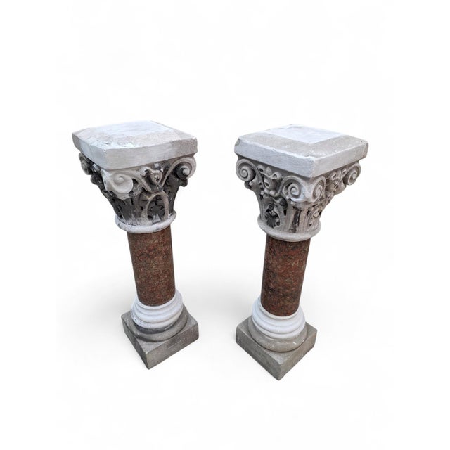 Coffee Antique Italian Marble & Sculpted Stone Pedestals From Roman Church Altar - Pair For Sale - Image 8 of 8