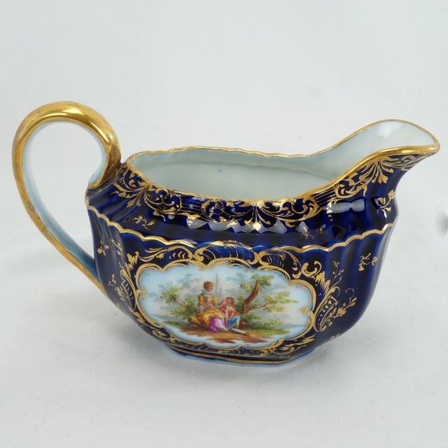 Antique German Richard Klemm Dresden Cobalt Blue Gold Courting Couple Creamer Sugar Set For Sale - Image 9 of 15