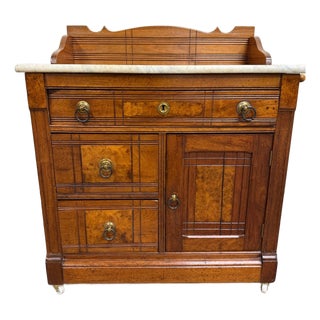 Antique Victorian Eastlake Style Walnut Marble Top Cabinet Commode Washstand For Sale