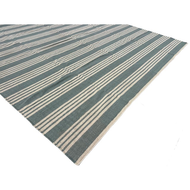 Textile Handmade Woolen Flat Weave Rug, Blueish Grey and White Striped Wool Rug - 8'x10' For Sale - Image 7 of 13