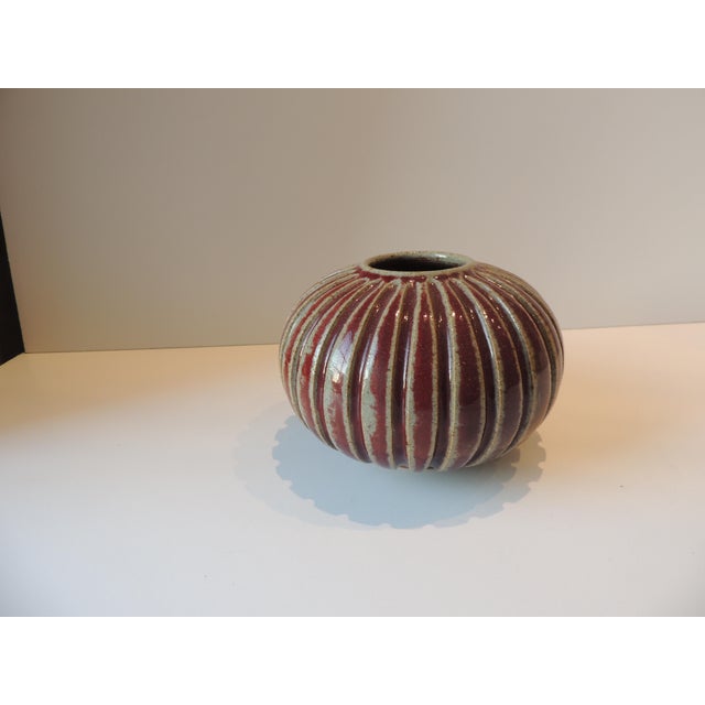 Fired Glazed Red & Green Ribbed Mid-Century Modern Vase For Sale - Image 4 of 6