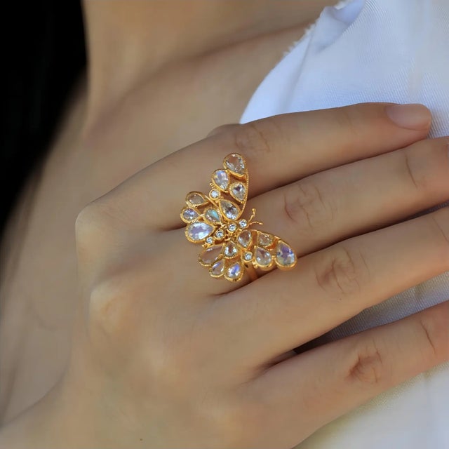 Not Yet Made - Made To Order Nina Zhou Butterfly Moonstone Diamond Cocktail Ring in 14k Yellow Gold, size 7 For Sale - Image 5 of 12