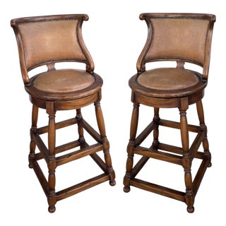 Pair of Alfonso Marina Ebanista Spanish Colonial Counter or Bar Stools For Sale