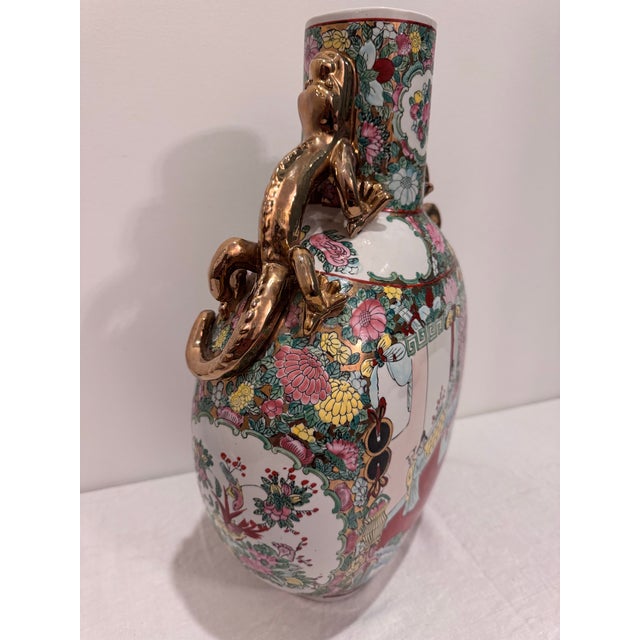 Vintage Famille Rose Moon Flask Vase With Gilt Dragon Handles For Sale - Image 9 of 12