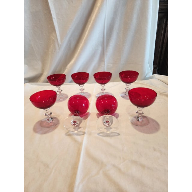 Set of Eight ruby red with clear stems vintage goblets or sherbet. Would work well for champagne or desserts. Very pretty...