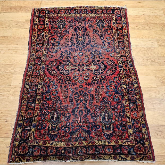 Red Vintage Persian Sarouk Area Rug, Hand-Knotted Wool, Allover Floral Pattern, 3x5, Red& Navy For Sale - Image 8 of 14
