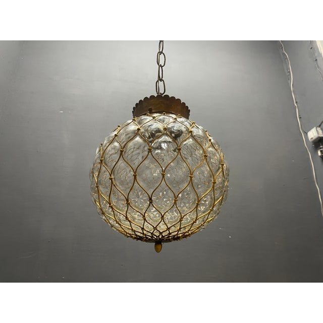 1960s Murano Glass and Brass Caged Pendant Light, Italy, 1960s For Sale - Image 5 of 11