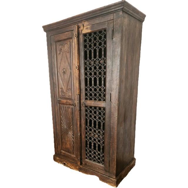 Antique Hand-Carved Wood Wardrobe with Carved Doors and Iron Grille, Bali, Indonesia, 1920s For Sale - Image 6 of 18
