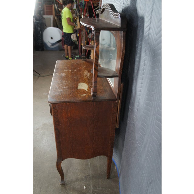 Brown Antique American Victorian Tiger Oak Sideboard Buffet & Hutch Barback Mirror 63" For Sale - Image 8 of 12