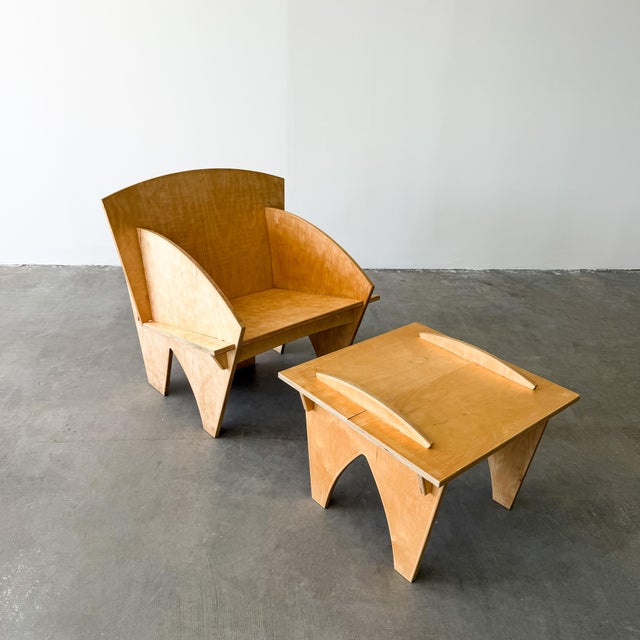 Vintage 1980s Postmodern Plywood Puzzle Chair and Ottoman For Sale - Image 11 of 18