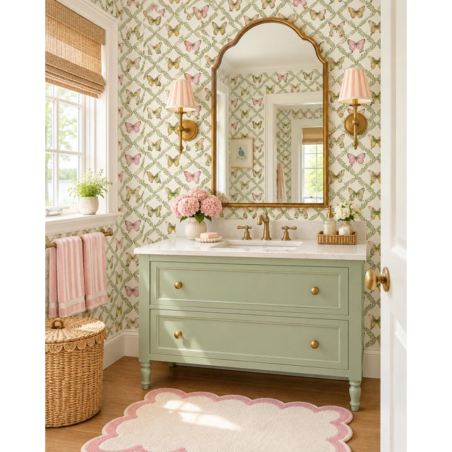 English Butterfly Trellis Pastel Grasscloth Wallpaper by House Party | 6 Yards For Sale - Image 3 of 10