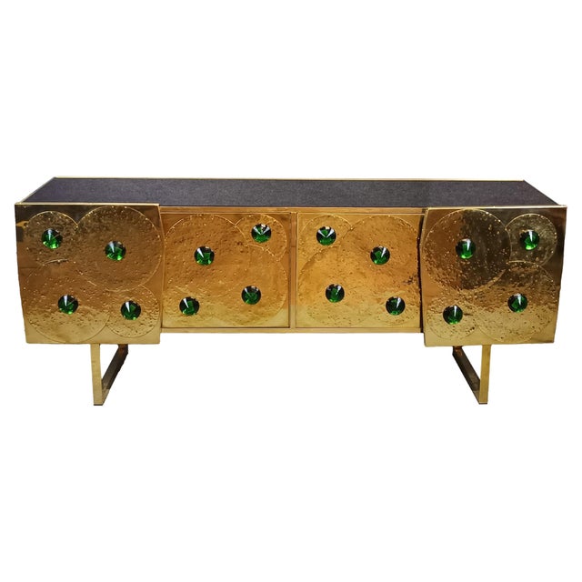 Italian Brass and Black Glass Sideboard with 24 Green Murano Glass Jewels – Handcrafted Mid-Century Inspired Design This...