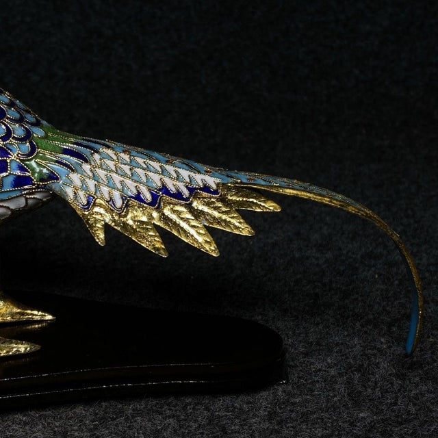 Pink Pair of Cloisonne Enamel Pheasant Figures – 7.7" Golden Bird Sculptures on Stands For Sale - Image 8 of 9